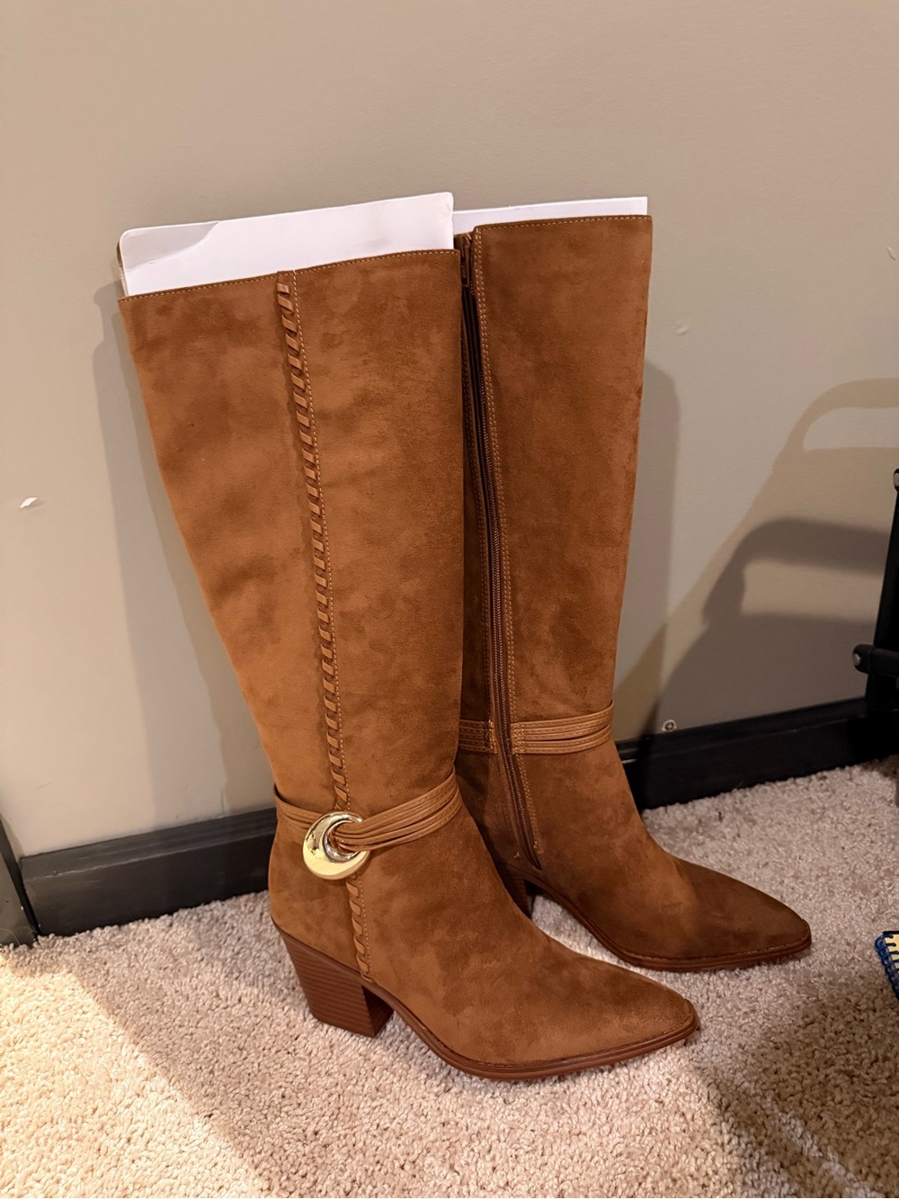 Universal Thread Tan Suede Knee-High Heeled Boots with Decorative Gold Accent